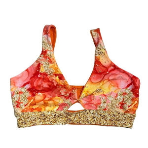 Handmade Twist Bra | Orange Alcohol Ink Watercolor | Gold Glitter Band – Small